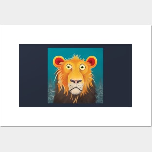 Quirky Surprised Lion Illustration on a Turquoise Background. Great kids room decoration Posters and Art